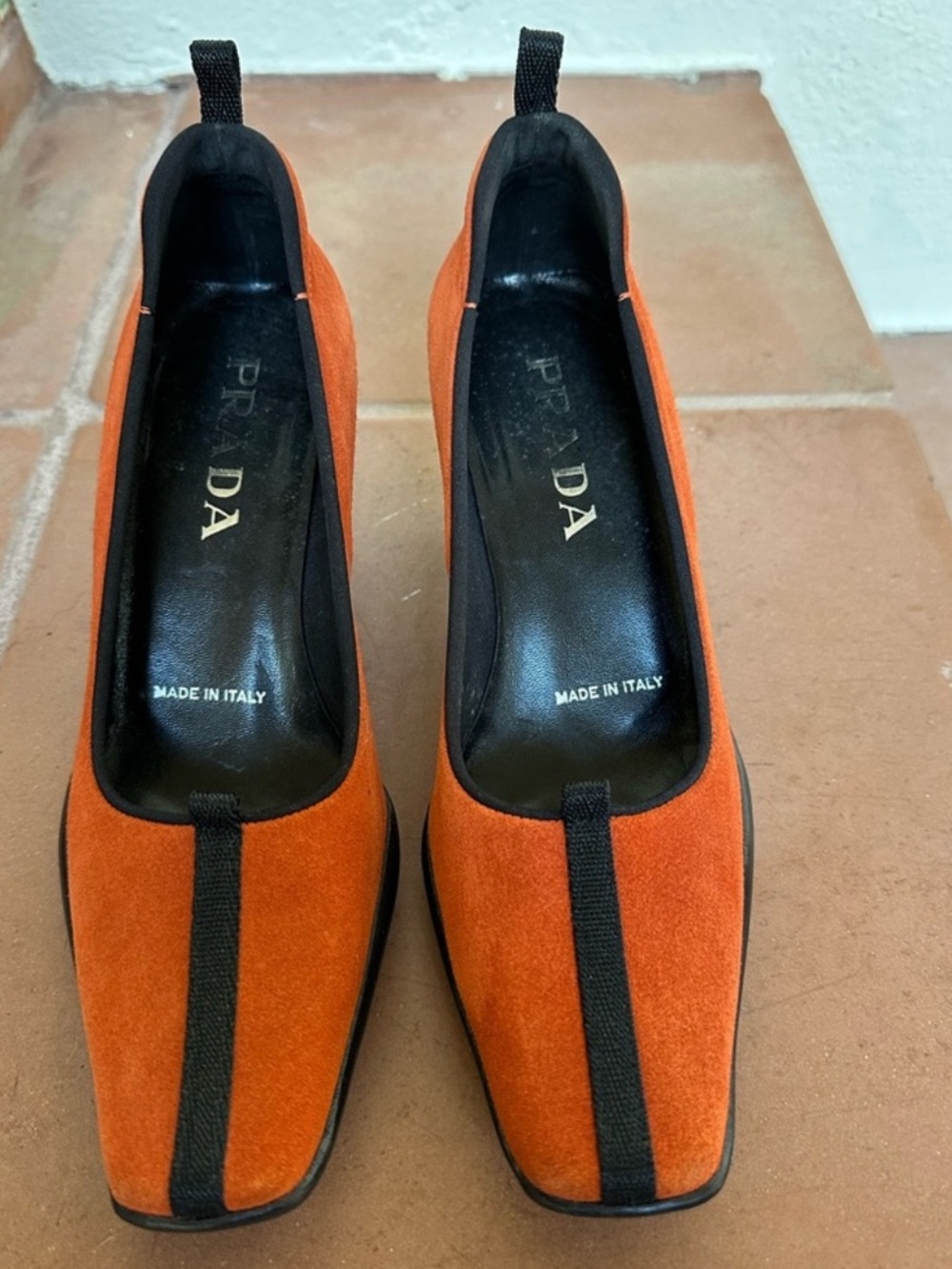 Prada FW 1999 Orange Suede Pumps with Black Center Strip